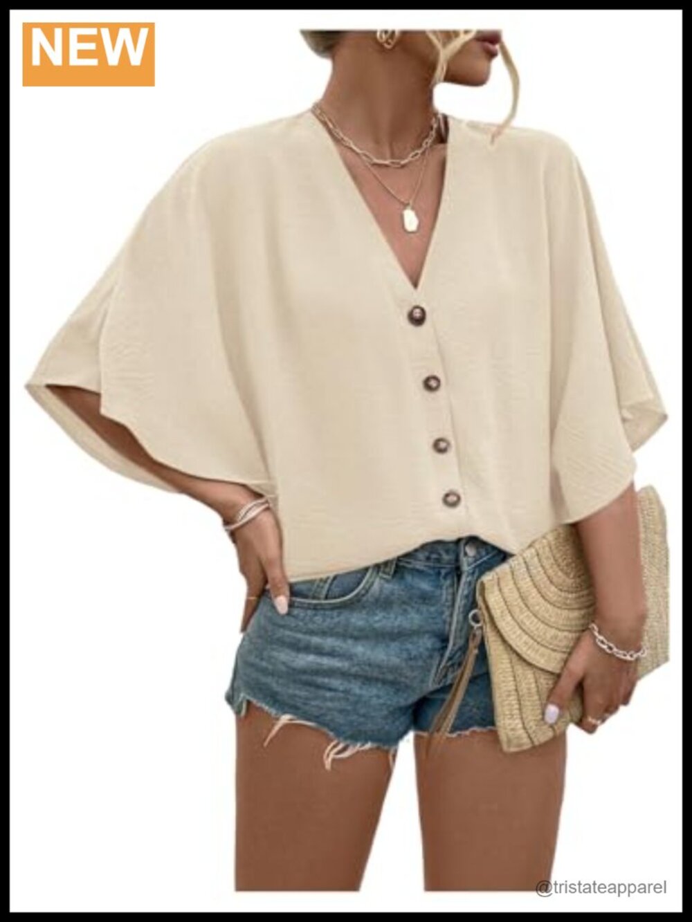Plus Size V Neck Dolman Sleeve Button Down Blouse Soft Non-Stretch
